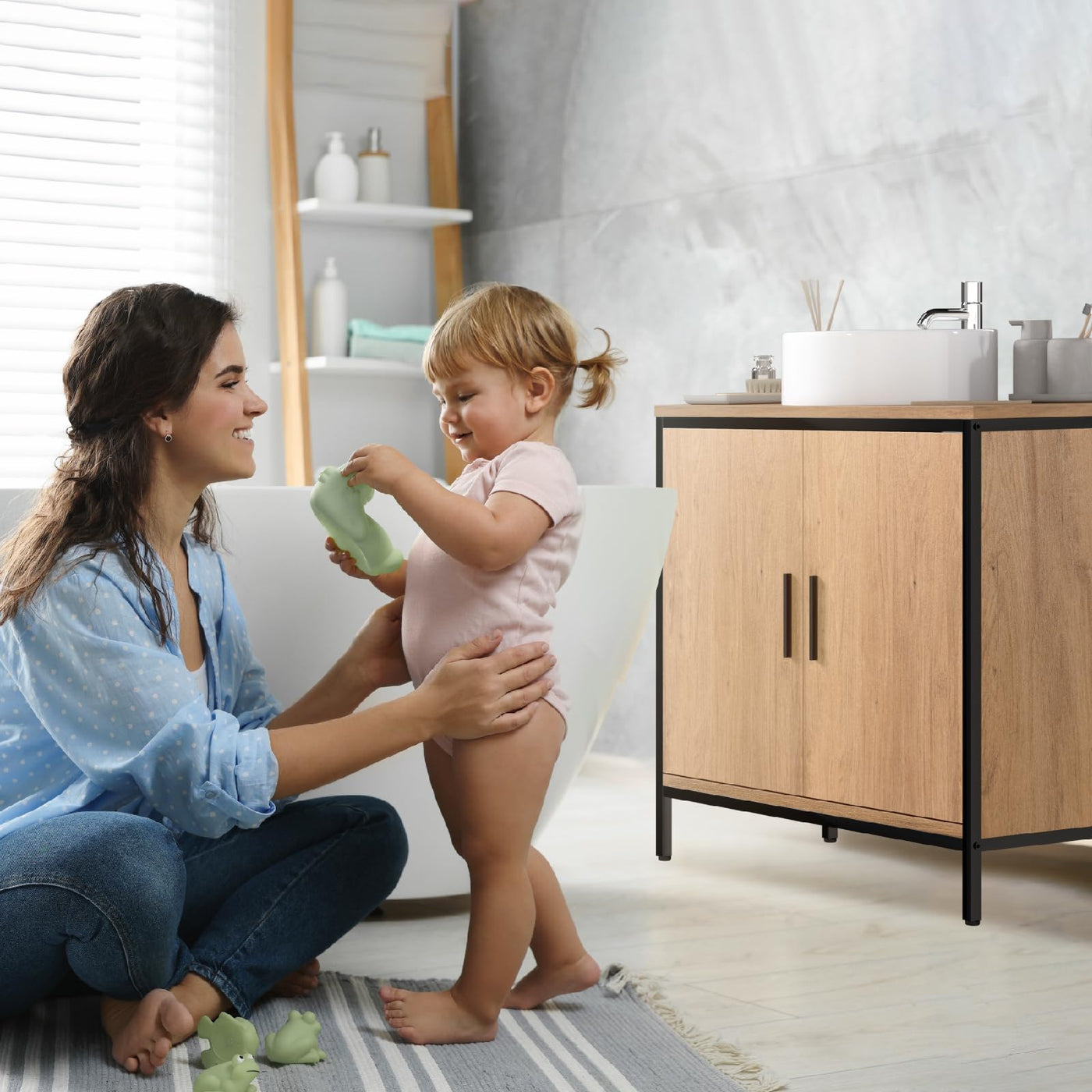 EUGAD Waschbeckenunterschrank 60x60x30 cm, Badezimmerschrank mit höhenverstellbarer Trennwand, Kleiner Schrank im Badezimmer, Badschrank aus Holzwerkstoff Metall, Schwarz
