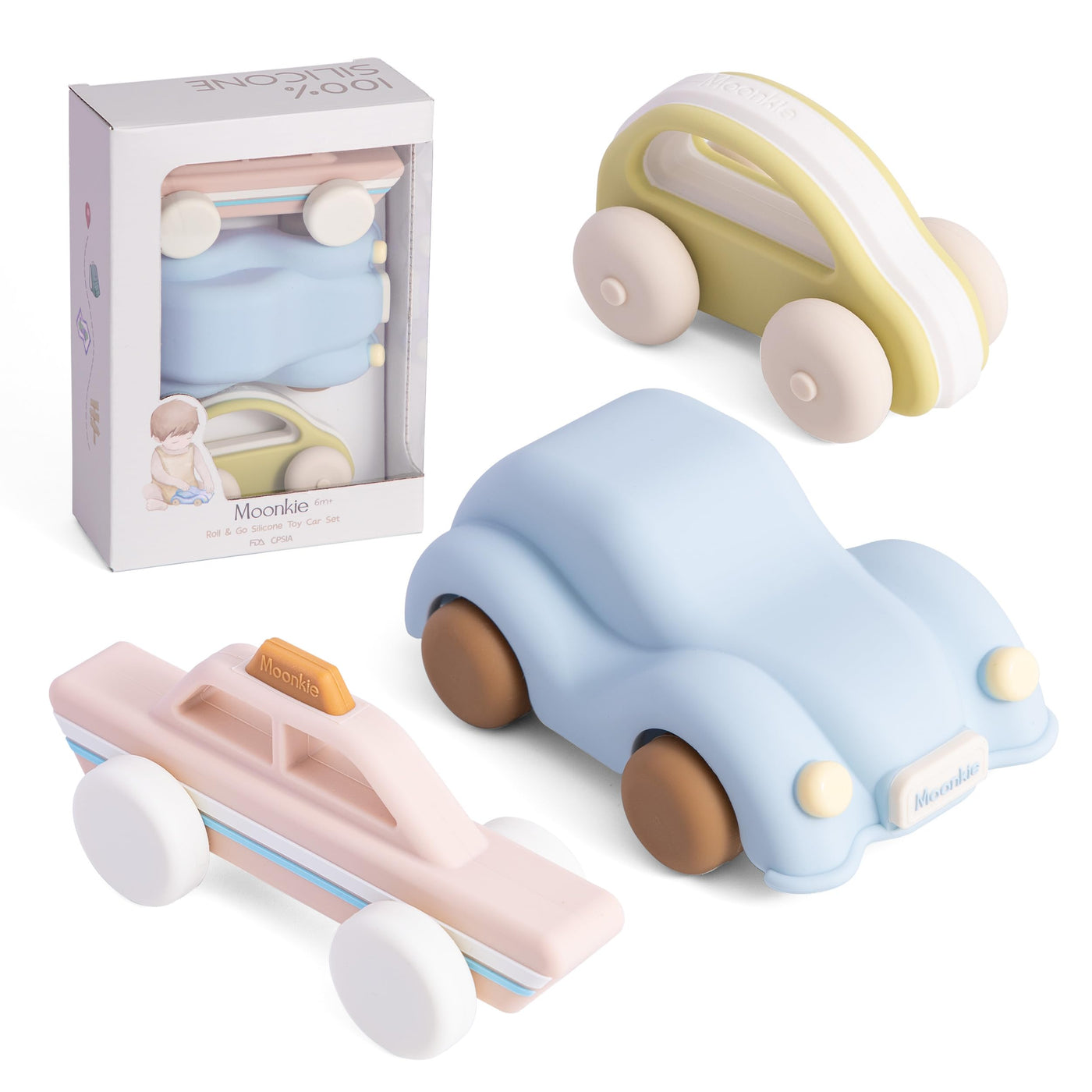 Moonkie Roll & Go Auto Spielzeug Set, 3er Pack, Silikon Spielzeugautos, Kinderspielzeug Geschenke Junge&Mädchen 6 Monate + 1 2 3 Jahre, BPA-frei, Sensorik Spielzeug, Auto Kinder für Kita& Reise