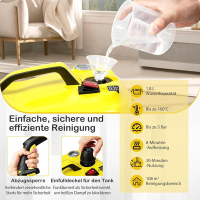 RELAX4LIFE Dampfreiniger, Dampfdruck: 5 bar, Leistung: 2000 W, Flächenleistung: 108 m², Tank: 1,8 L, Aufheizzeit: 8 min., mit Druckmesser & Bodenreinigungsset, für Teppiche, Boden, Fliese, Fenster