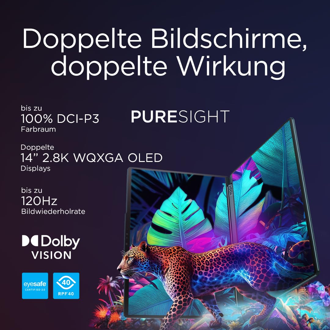 Lenovo Yoga Book 9i AI Laptop | 2x14'' 2.8K WQXGA OLED-Toch Display | Intel Core Ultra 7 | 32GB RAM | 1TB SSD | Intel Arc 140T Grafik | Windows 11 Home | QWERTZ | Tidal Teal | 3 Jahre Premium Care