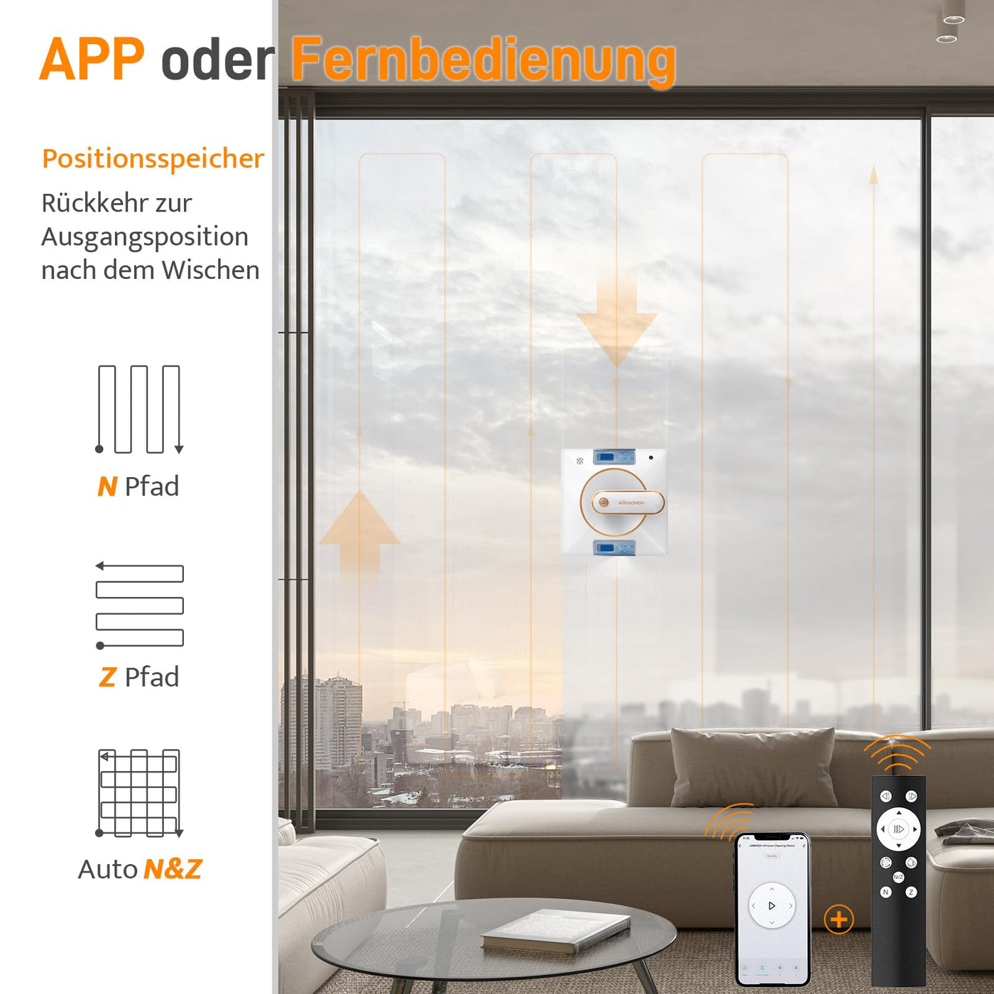 AIRMSEN YW500 Fensterputzroboter, Intelligenter Elektrischer Fensterputzer 3000Pa geeignet zur Glasreinigung, Automatische Wegplanung, Standort Speicher, Kantenerkennung Technologie