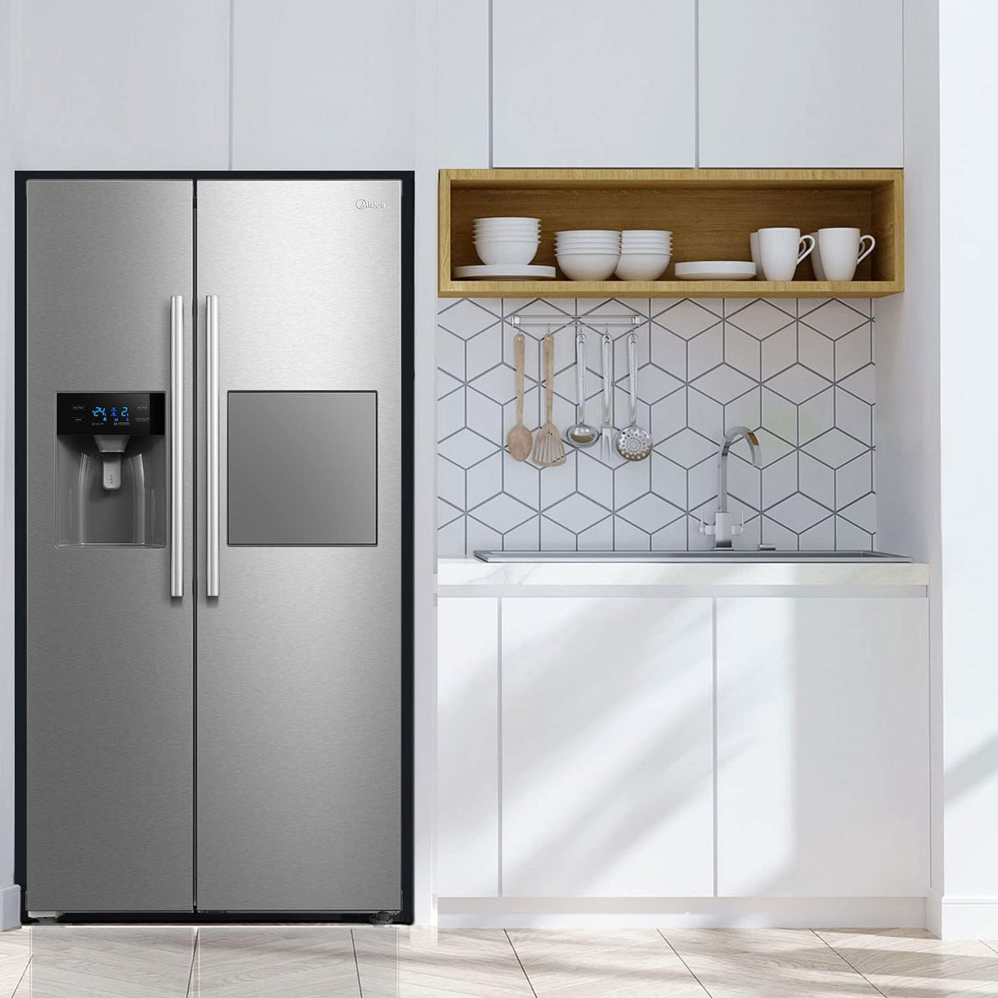 Midea KS-EIX 6.23 Side-by-Side Kühl-/Gefrierkombination/176,5 cm hoch/No Frost/Inverter Compressor/mit Barfach/Wasser-/Eisspender mit Festwasseranschluss/Twin Control, Rostfreier Stahl