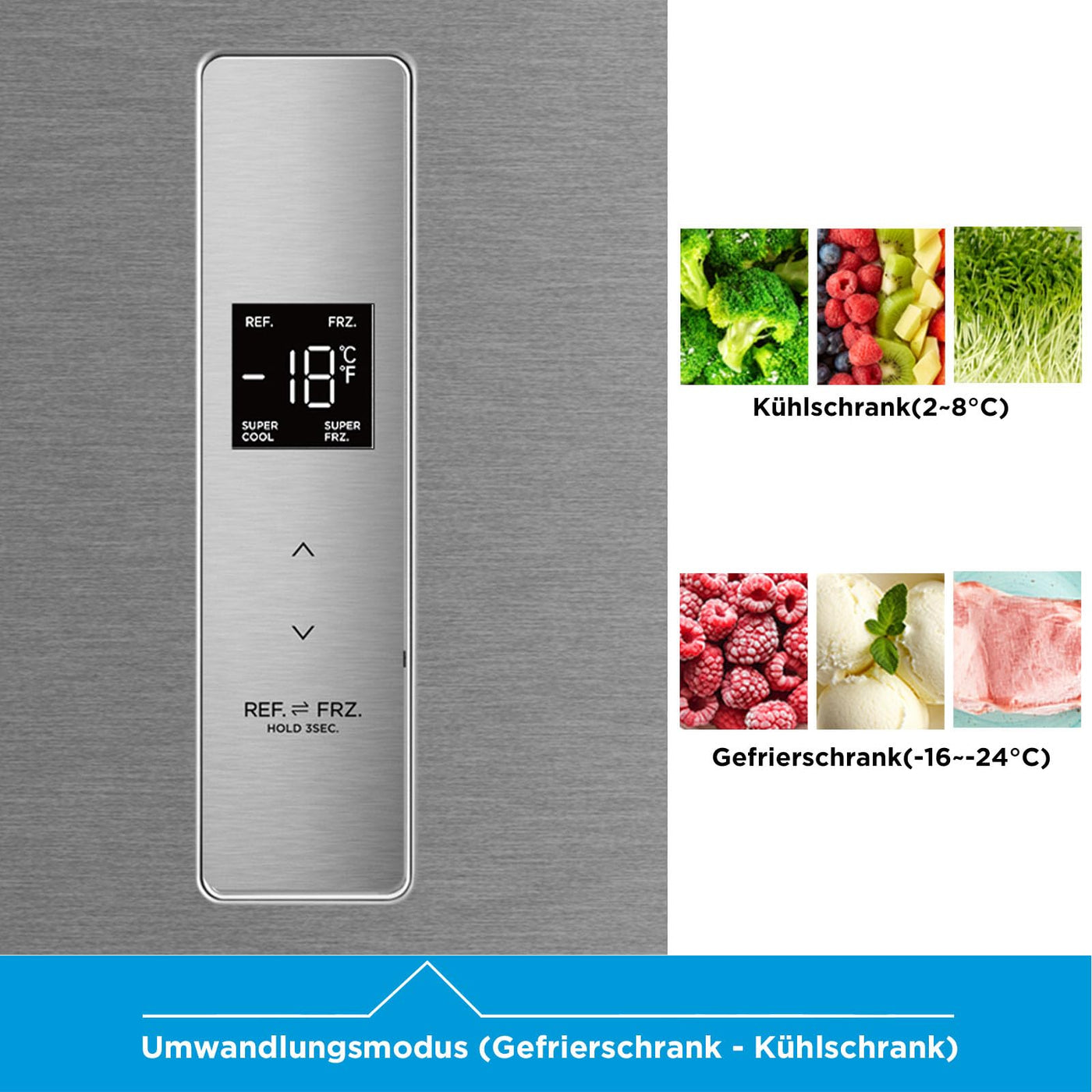 Midea MDRU385MTC02 Gefrierschrank/Kühlschrank/272L/185 cm hoch/NoFrost/Flexible Kühl- und Gefrierfunktion/Superkühl/Große Fächer/Zero Clearance/Easy Open Handgriff/Wechselbarer Türanschlag/Inox
