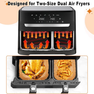 100 Stück Airfryer Backpapier für Philips Dual Basket Airfryer 3000-serie 6L/3L NA350/00, Backpapier für Heißluftfritteuse Hitzebeständig Antihaft Airfryer Zubehör, 50 Stück für 6L & 50 Stück für 3L
