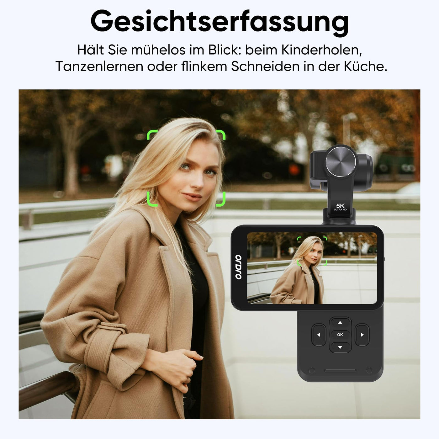 ORDRO M5 Kreativ Combo, vlog kamera mit 3.5" Flip Bildschirm 120° Sichtfeld, 3-Achsen-Stabilisierung, Gesichtsverfolgung, Zeitraffer, Slow Motion, IR Nachtsicht Videokamera für Reisen