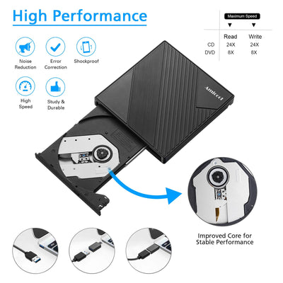Amicool Externes DVD Laufwerk Extern USB 3.0 USB C CD Laufwerk für Laptop Desktop PC MacBook Externer DVD Brenner Windows 7/8.1/10/11 Linux Mac OS CD/DVD Player Tragbar +/-RW ROM Optisches Drive