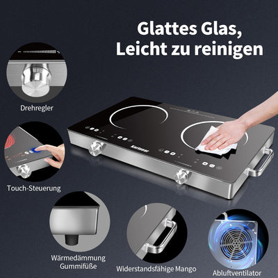 Karinear Keramikkochfeld 2 Platten Tragbar mit Griff, 650 °C Max, Glaskeramik Kochplatte 2er Freistehend, Herdplatte 2 Kochfelder mit Stecker, Timer, Kindersicherung, Restwärmeanzeige, 220-240V, 3200W