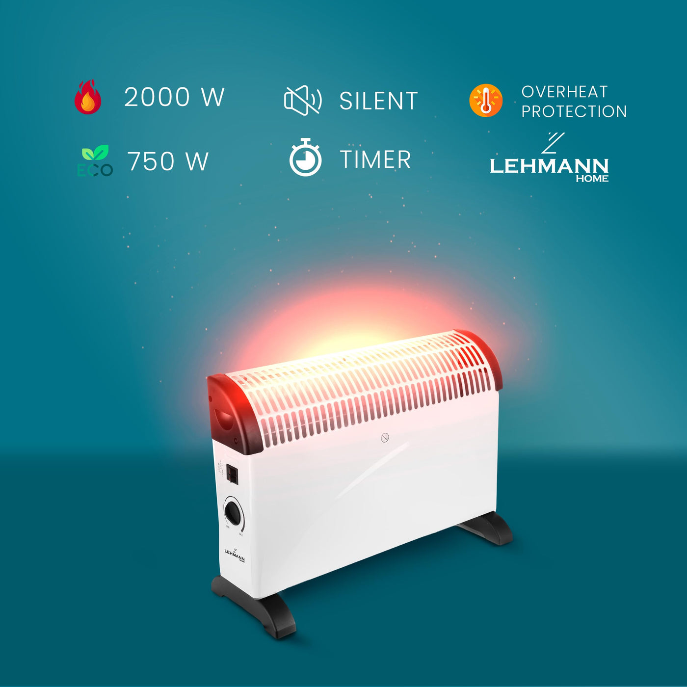 Lehmann LHOHC-2013A Konvektor elektrische Heizung | Heizkörper 750/1250 / 2000 Watt | Konvektorheizung mit Thermostat und Überhitzungsschutz | Elektroheizung Energiesparend für Schnelle Wärme