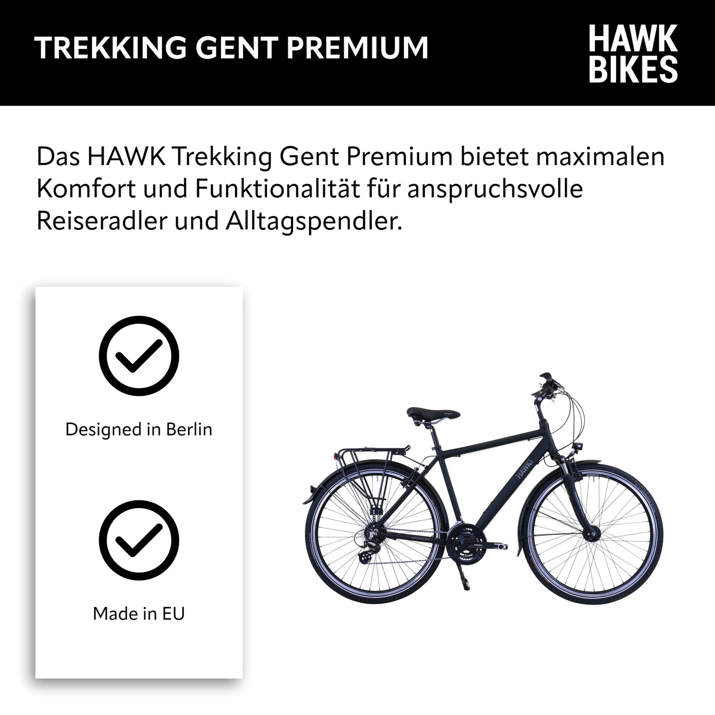 HAWK Trekking Gent Premium Fahrrad Herren 57 cm I Tolles Trekkingrad mit Microshift 24 Gang Kettenschaltung & LED Beleuchtung I Allrounder I Schwarz