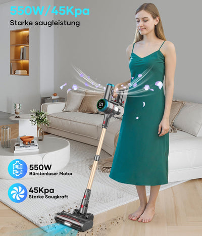 ZCAISH Akku Staubsauger, 45000Pa/550W/60 Mins Staubsauger Kabellos mit Smart Display, Staubsauger mit Wandmontiertes Laden & Anti-Verhedderung-Bürste für Teppich, Hartboden und Tierhaare(Upgrade)