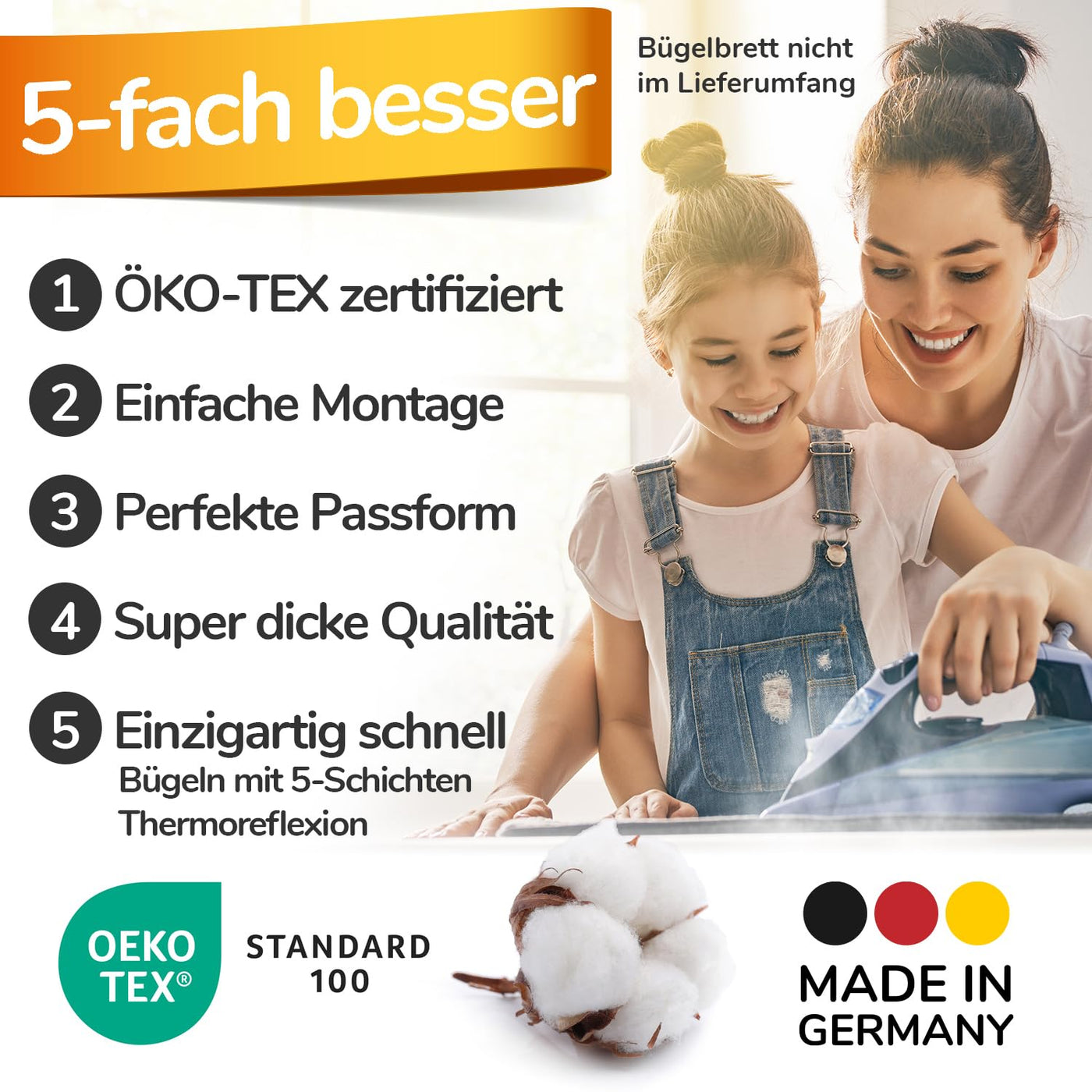 Super Soft 5 Schichten Turbo-Bügelbrettbezug 120x45, Made in Germany, ÖKOTEX Baumwoll-Polsterung, schneller mit Thermoreflexion, 5 Größen, EasyFit+Spanner, XL Fläche 120-125x38-45cm