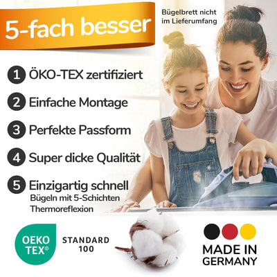 Super Soft 5 Schichten Turbo-Bügelbrettbezug 120x45, Made in Germany, ÖKOTEX Baumwoll-Polsterung, schneller mit Thermoreflexion, 5 Größen, EasyFit+Spanner, XL Fläche 120-125x38-45cm