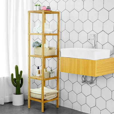 SONGMICS Badregal 5 Ebenen, schmales Regal stehend, Bambusregal, multifunktionales Aufbewahrungsregal, für Küche, Wohnzimmer, Schlafzimmer, Badezimmer, naturfarben BCB55Y
