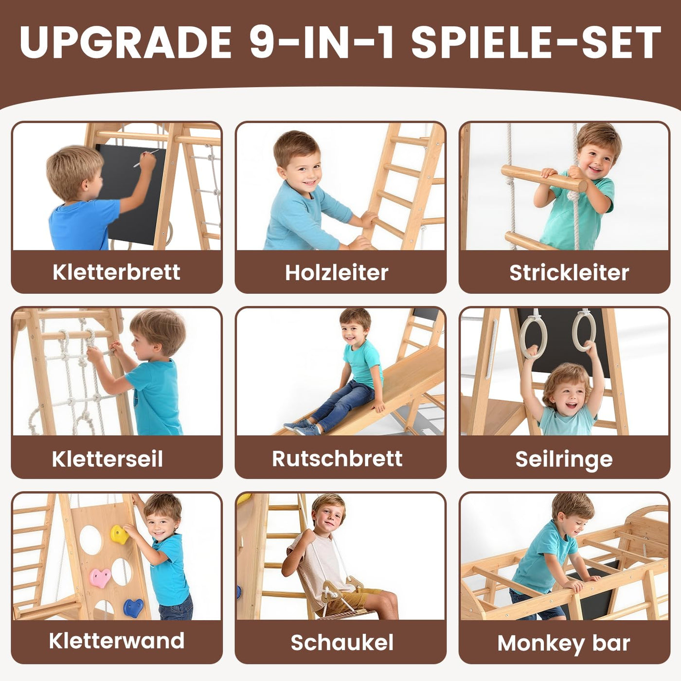 Freelawn Klettergerüst Indoor Montessori 9-in-1 Holz Spielplatz - Kletternetz, Rutsche, Sprossenwand für Kinder 1-6 Jahre (Natur)