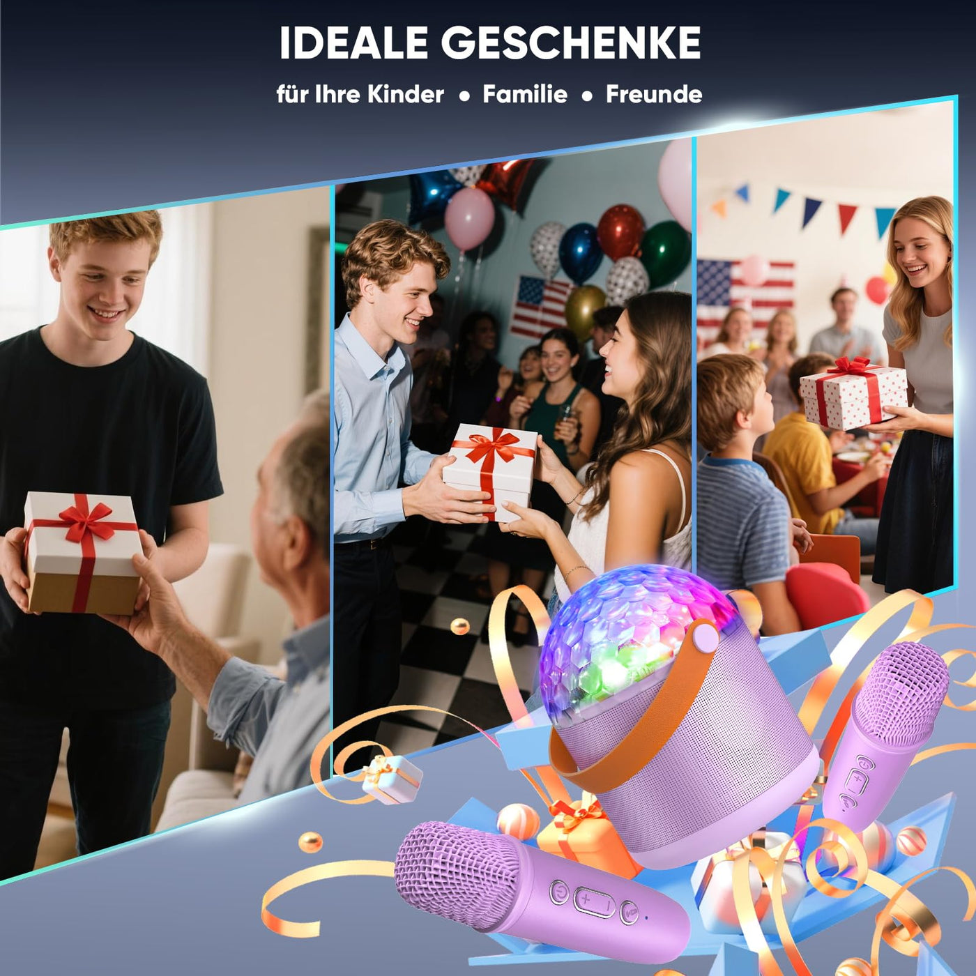Dislocati Karaoke Anlage mit 2 Bluetooth Mikrofonen, Musik Geschenk Spielzeug Mädchen 3-15 Jahre, Karaoke Microphone Set mit Disco Licht und 5 Toneffekten, Ideal für Familienfeiern und Party Draußen