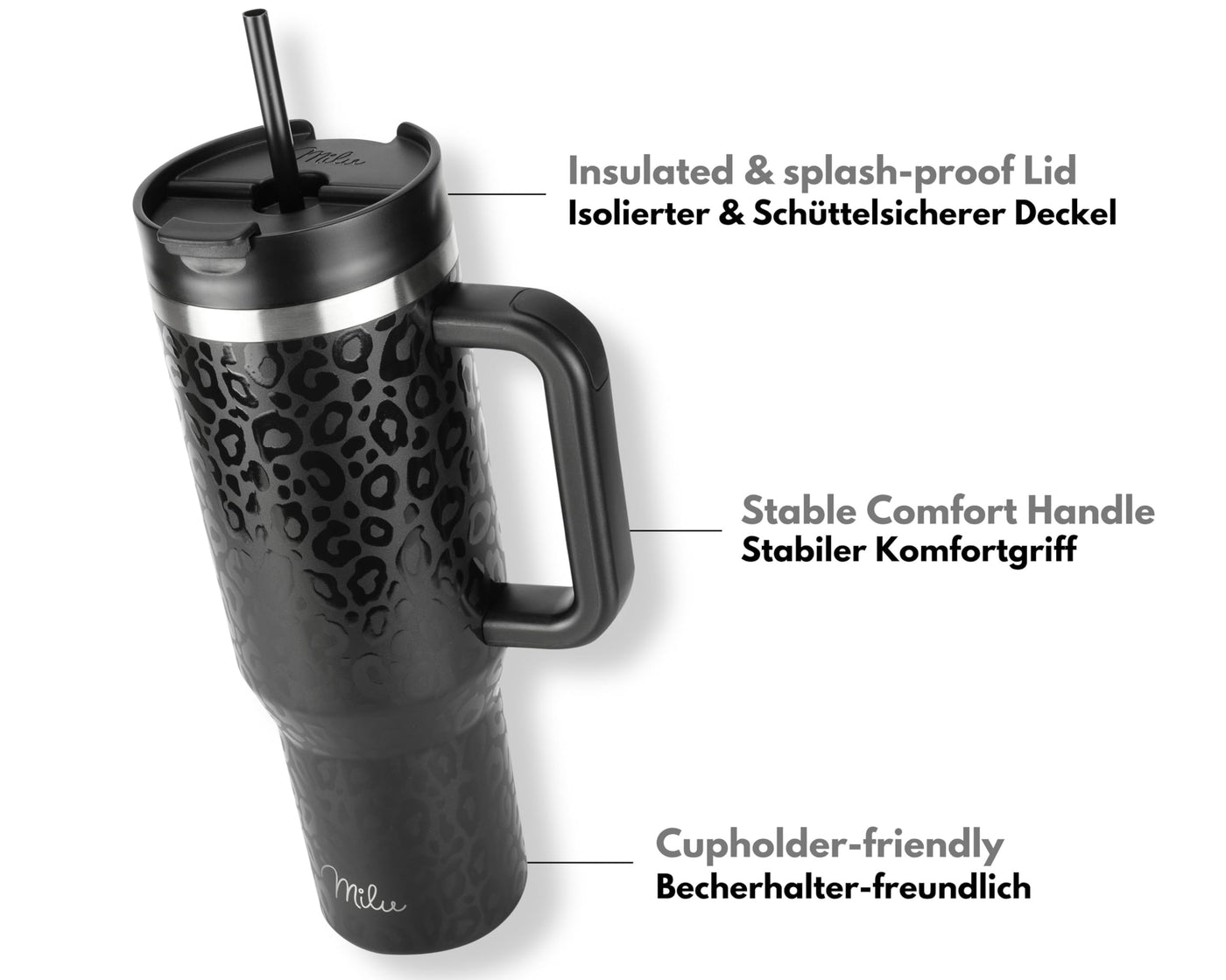 Milu Thermobecher 1,2L mit Strohhalm und Henkel 48h Eis/24h kalt/12h heiß Edelstahl Tumbler 40oz mit Griff - Isolierbecher to go Isolierflasche Trinkflasche doppelwandig isoliert (Black Leopard, 1,2L)