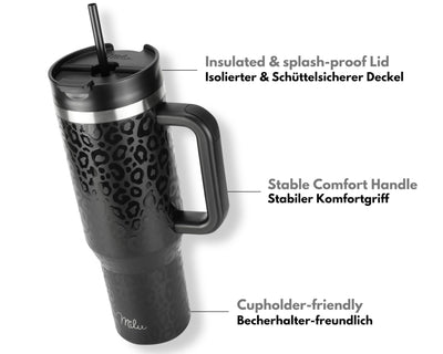 Milu Thermobecher 1,2L mit Strohhalm und Henkel 48h Eis/24h kalt/12h heiß Edelstahl Tumbler 40oz mit Griff - Isolierbecher to go Isolierflasche Trinkflasche doppelwandig isoliert (Black Leopard, 1,2L)