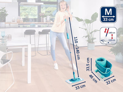 Leifheit Set Clean Twist M Flachwischer Ergo 2.0 mit Rollen, Bodenwischer mit Supersoft Bezug für nebelfeuchte Reinigung auf Parkett, Laminat & Echtholz, Mop mit Click-System und Schleudertechnologie