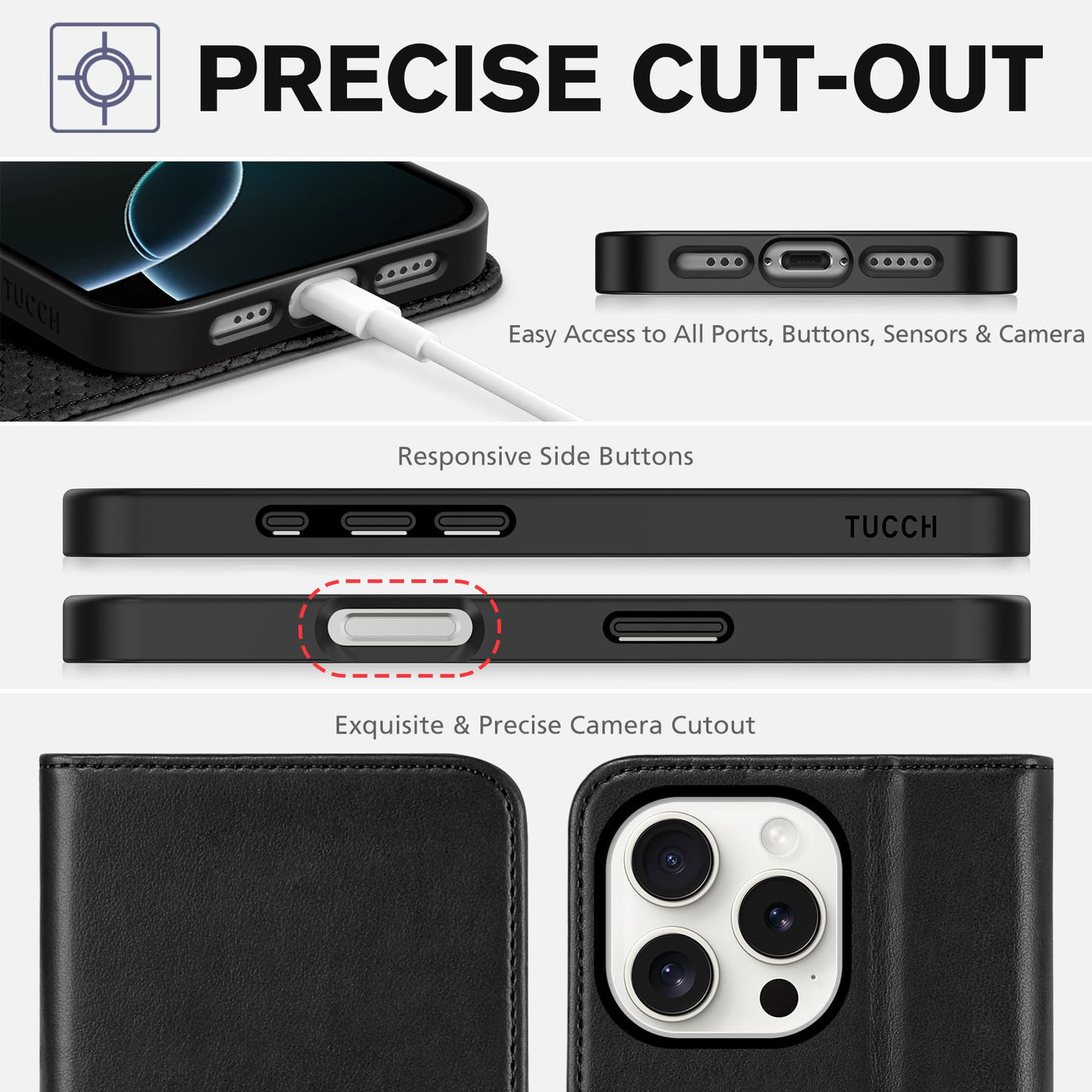 TUCCH Hülle für iPhone 16 Pro Handyhülle [RFID Blocker] TPU [Kartenfächer] Schutzhülle [Ständer] Stoßfeste Klapphülle, Bookcase Kompatibel mit iPhone 16 Pro 5G 2024 (6,3 Zoll), Schwarz
