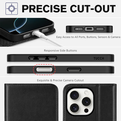TUCCH Hülle für iPhone 16 Pro Handyhülle [RFID Blocker] TPU [Kartenfächer] Schutzhülle [Ständer] Stoßfeste Klapphülle, Bookcase Kompatibel mit iPhone 16 Pro 5G 2024 (6,3 Zoll), Schwarz