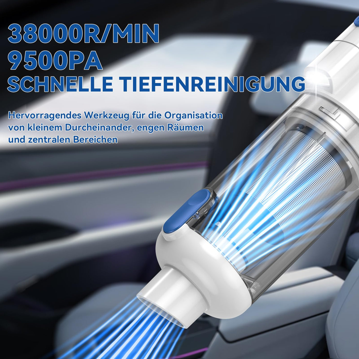 SIMWAL Auto Handstaubsauger Akku Kabellos - 9500PA stark tragbar Mini Staubsauger - 30Min Laufzeit USB aufladbar Autostaubsauger mit Waschbar HEPA Filter LED Beleuchtung für Haus, Küche, Büro