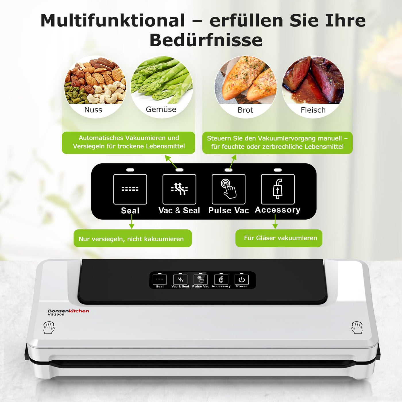 Bonsenkitchen Vakuumiergerät, Vakuumierer Folienschweißgerät für Sous Vide Kochen und Lebensmittel Bleiben bis zu 6x Länger Frisch, 40 Vakuumbeutel Inklusive (Sliber)