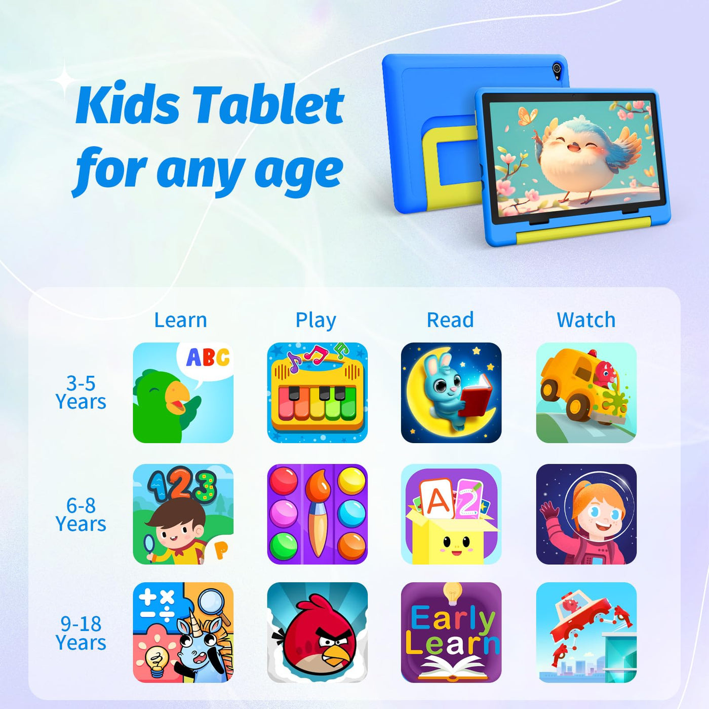 Cheerjoy Kinder Tablet 10 Zoll Android 14 Tablet für Kinder im Alter von 3-12 Jahren, Octa-Core, 8+64GB(TF 1TB), Kindersicherung, vorinstalliertes KIDOZ, 5G WiFi Tablet PC mit stoßfester Hülle-Blau
