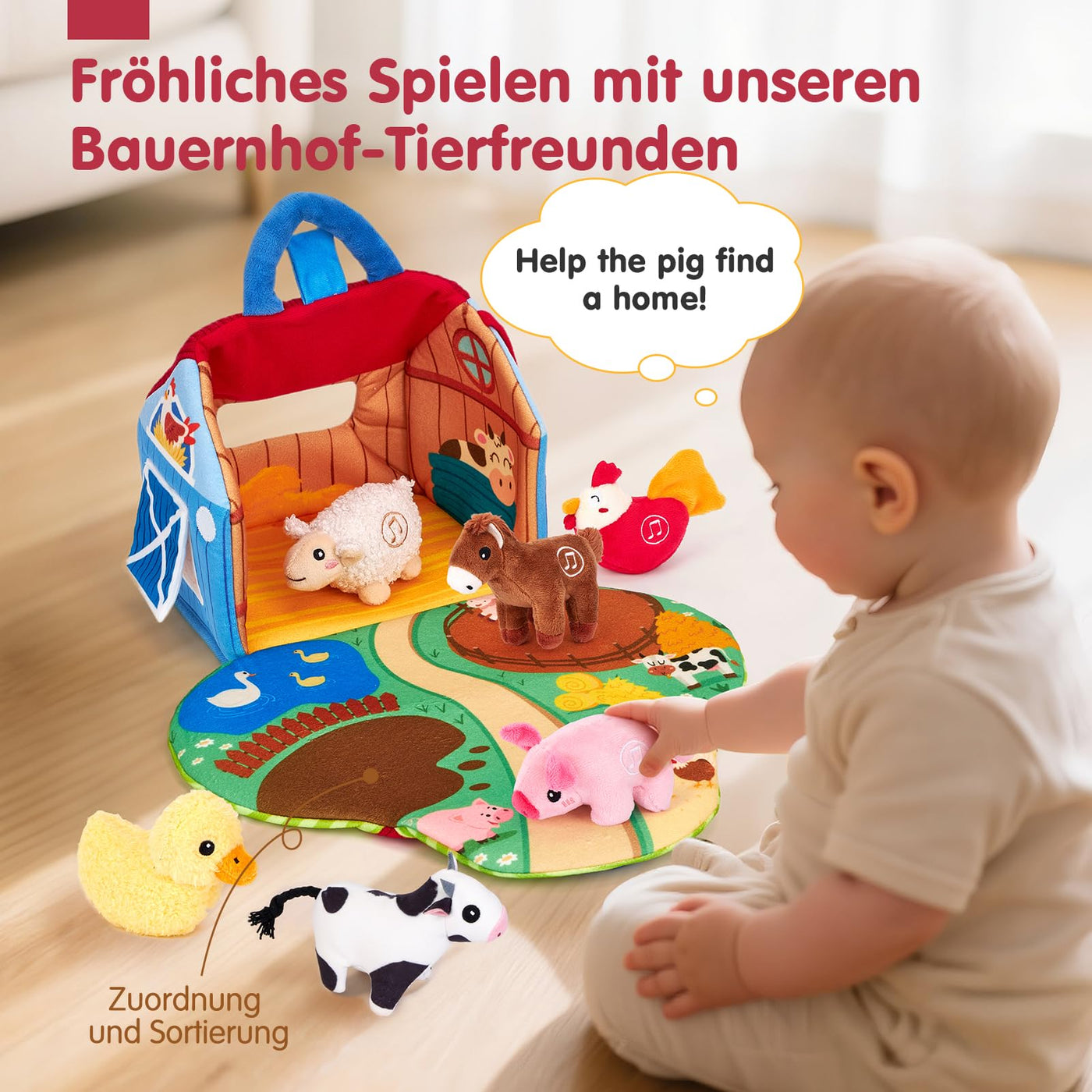 hahaland Bauernhof Baby Spielzeug 6 Monate mit 2-in-1 Scheunen & Spielmatten,7 Sensorik Plüschtiere Set– Macht Tiergeräusche & Spricht Englische Tiernamen,Montessori Baby Geschenk ab 6 7 8 9 10 Monate