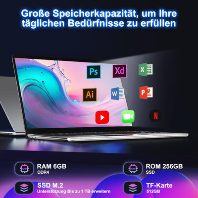 NOTODD 2025 Laptop 14 Zoll Win 11 Pro 6GB RAM 256GB SSD Unterstützung 1TB (TF 1TB) Notebook Celeron N4020 (bis2.8GHz) 5000mAh 1920x1080p WiFi Deutscher Tastaturschutz und kabellose Maus-Grey