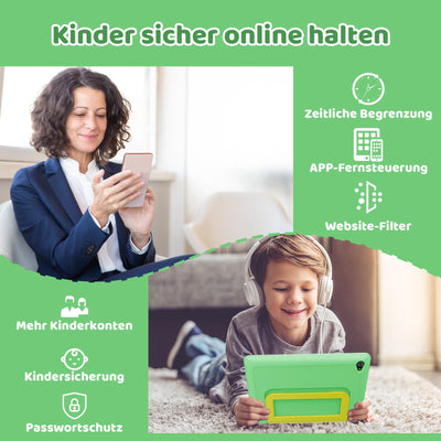 Ainmel Android 14 Kinder Tablet, Octa-Core Prozessor Tablet für Kinder, 14GB+64GB, 5000mAh, Kindersicherung, WiFi 6, Bluetooth 5.3, kindersicheres Gehäuse (grün)