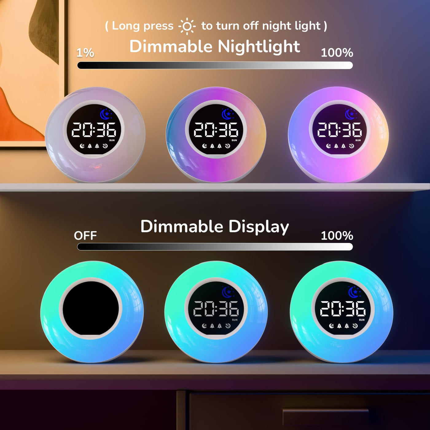 HERMIC Wecker Digital, Kinderwecker mit Nachtlicht, 12 White Noise, 2 Alarme, Snooze und Timer, Einstellbare Helligkeit und Lautstärke, Wecker Kinder für Schulanfänger Mädchen Jungen, Netzbetrieben
