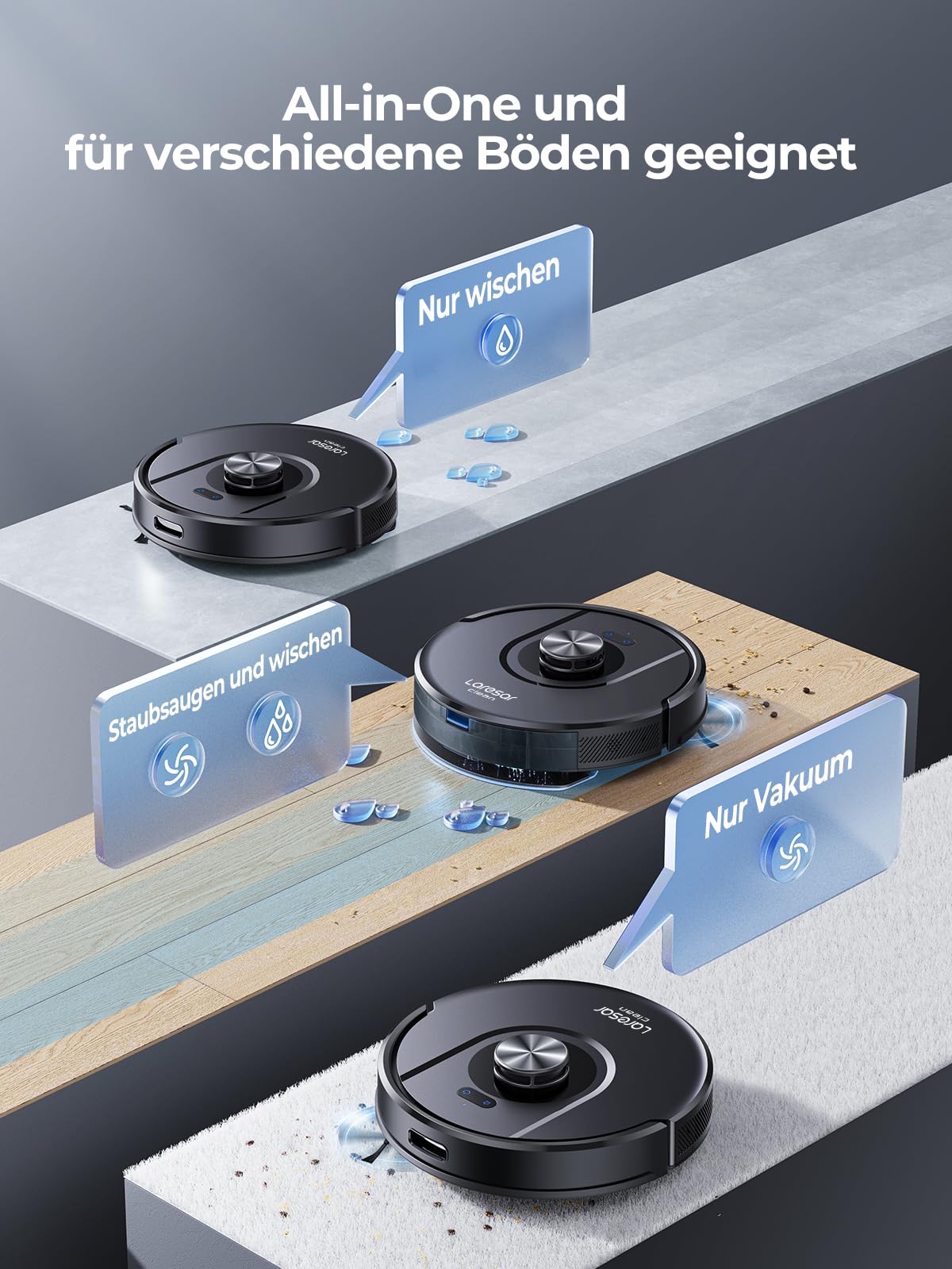 Laresar Clean Saugroboter mit Wischfunktion, Saugroboter mit LiDAR Navigation, Live-Karte, 5000Pa Staubsauger Roboter Mars01 bis zu 180Min, Ideal für Tierhaare, Teppich, Hartboden