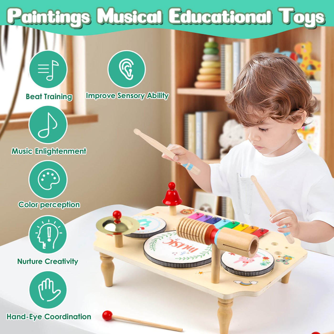 LZDMY Schlagzeug Kinder, 11-in-1 Trommel Musikinstrumente für Kinder ab 1 2 3 Jahr mit Xylophon, Kinderspielzeug Holzspielzeug für Ostern Weihnacht Geschenk Junge Mädchen