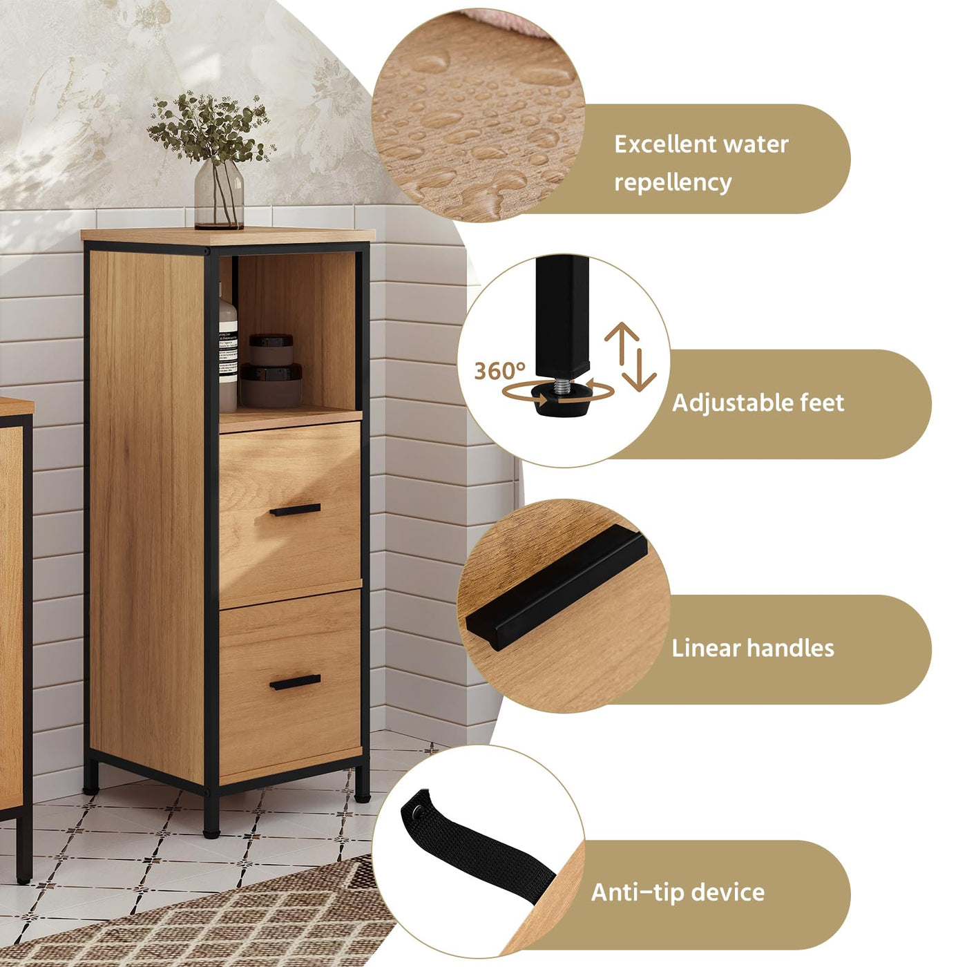 EUGAD Badezimmerschrank mit 2 abnehmbaren Schubladen, Badschrank schmal, multifunktionaler Aufbewahrungsschrank Eckschrank, Industrie Stil, mit Metallrahmen, Schwarz helle Eiche, 30x80x30 cm