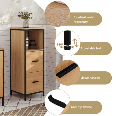 EUGAD Badezimmerschrank mit 2 abnehmbaren Schubladen, Badschrank schmal, multifunktionaler Aufbewahrungsschrank Eckschrank, Industrie Stil, mit Metallrahmen, Schwarz helle Eiche, 30x80x30 cm