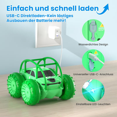 MaxTronic Amphibien Ferngesteuertes Auto, Wiederaufladbares Direktladen 360° Salto wasserdichtes RC Stunt Auto 2.4G 15KM/H 4WD Allrad Geländewagen Spielzeug für Jungen 3-12 Jahre