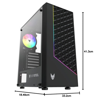 Oversteel - Iridium Gaming PC Gehäuse Kompatibel mit ATX, Micro ATX und ITX Boards, 120mm A-RGB Lüfter, Mesh Front, 2 Staubfilter, gehärtetes Seitenglas, USB 3.0, Schwarz