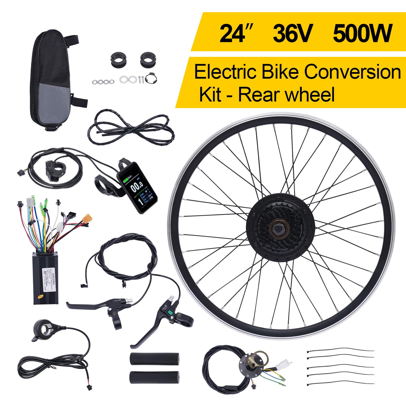 NIGORIY E-Bike Umbausatz, 24 Zoll 36V 500W Hinterrad Elektrofahrrad Umbausatz, 5-Gänge Ebike Kit mit LCD Praktisches Display, Elektro-Fahrrad Umbausatz