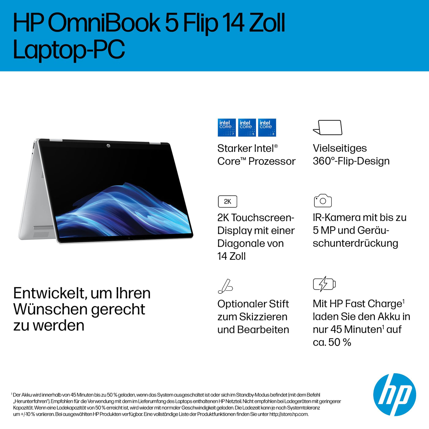 HP OmniBook 5 Flip 14-fp0254ng 2 in 1 Convertible Laptop, 14 Zoll 2K-Touchscreen (1920 x 1200), Intel Core i5-1334U, 16 GB RAM, 512 GB SSD, QWERTZ, Windows 11 Home, Silber