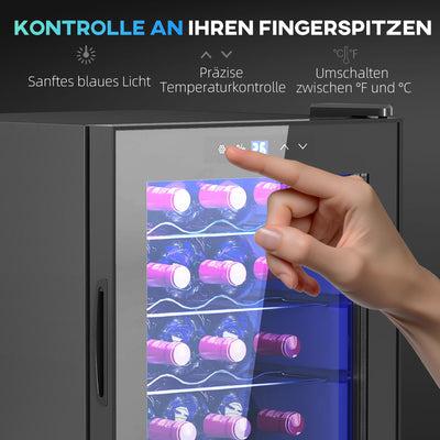 HOMCOM Weinkühlschrank 20 Flaschen 53L 5-18℃ Kompressor Getränkekühlschrank mit Anti-UV Glastür, Flaschenkühlschrank mit LED-Leuchte, Kleiner Weinschrank mit Touch-Screen Schwarz