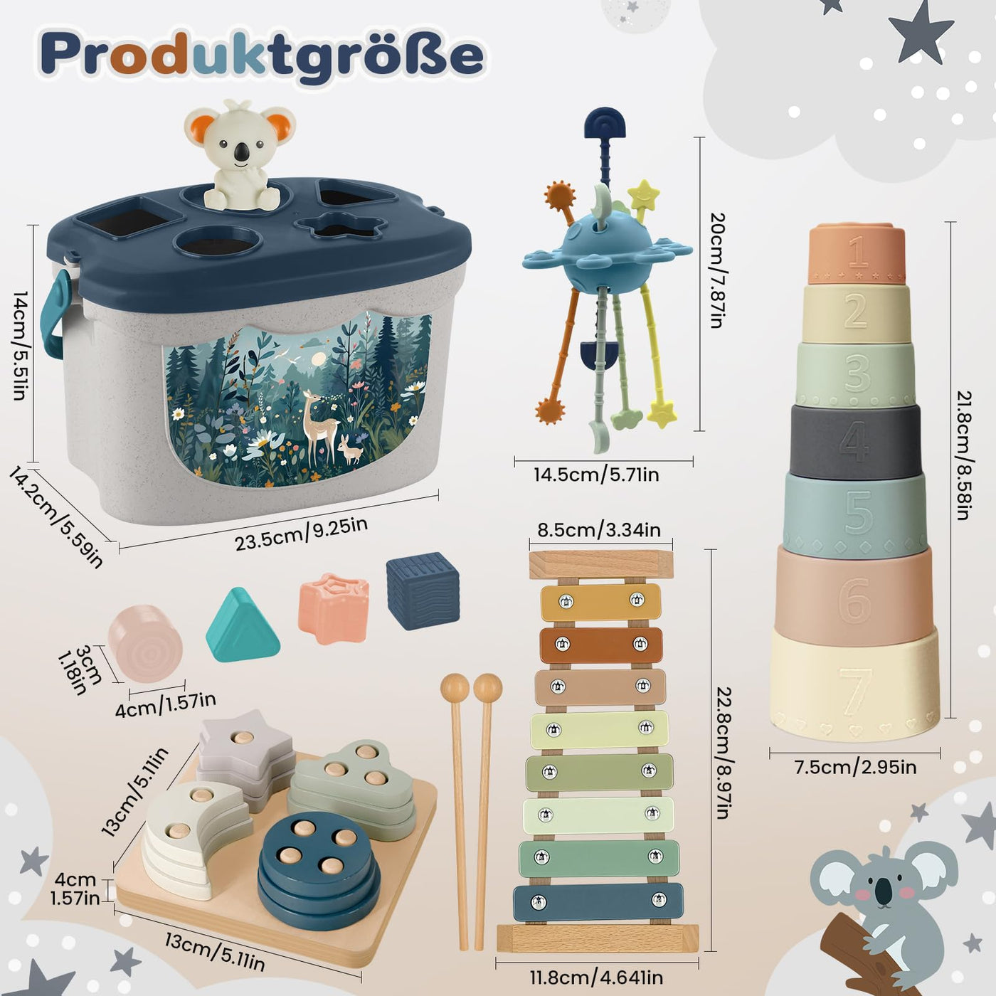 Almaxi Baby Spielzeug ab 6 Monate,5 in 1 Montessori Spielzeug Baby,Motorikspielzeug mit Formensortier- und Stapelspielzeug,Xylophon,Silikon Zugschnur Spielzeug,Stapelbecher,Geschenk Junge Mädchen