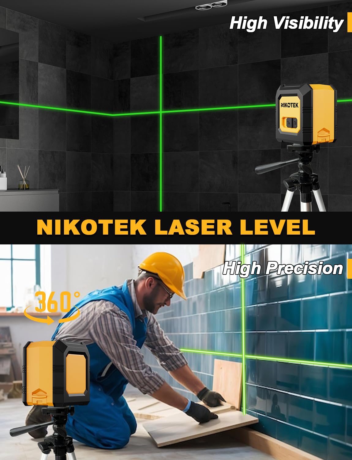 Kreuzlinienlaser, NIKOTEK Laser Wasserwaage (Vertikale/Horizontale Laser, Arbeitsbereich: 15 m, IP54, 2 x AA Batteriem, Schutztasche), Für Baustellen/Inneneinrichtung/DIY (Grün GT)