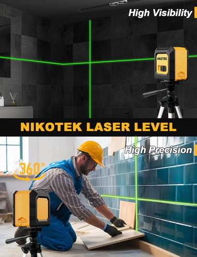 Kreuzlinienlaser, NIKOTEK Laser Wasserwaage (Vertikale/Horizontale Laser, Arbeitsbereich: 15 m, IP54, 2 x AA Batteriem, Schutztasche), Für Baustellen/Inneneinrichtung/DIY (Grün GT)