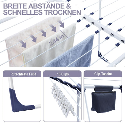SYKIARIOL Wäscheständer, Flügelwäschetrockner, Standtrockner mit Flügeln, Ausziehbarer Klappbarer Wäscheständer mit Klammerbeutel und Sockenhalter, Für Kleidung und Handtücher Geeignet