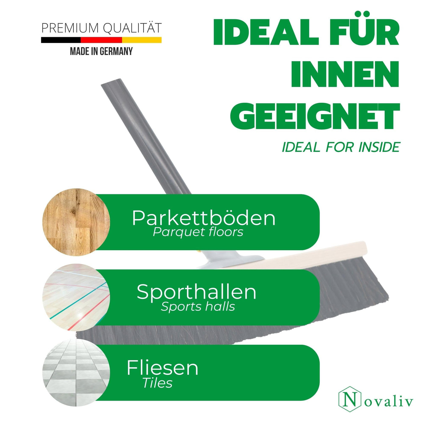 Novaliv Saalbesen mit Rosshaarmischung I 60cm mit Teleskopstiel I weiche Borsten Kehrbesen Hofbesen Feinstaubbesen