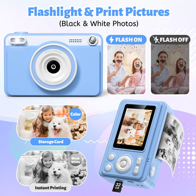 GREENKINDER Sofortbildkamera Kinder, 2.4 Zoll Bildschirm Kinderkamera Sofortbildkamera mit 32GB Karte & 5 Rollen Druckpapier,1080P Kamera Kinder Sofortdruck, Geschenk für 3-12 Jungen und Mädchen(Blau)