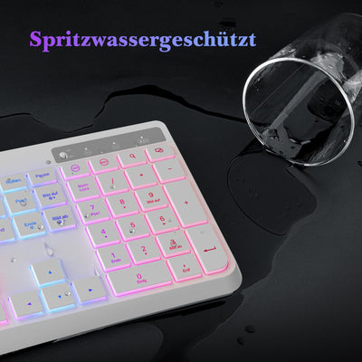 TECURS Tastatur Kabellos Gaming – Leise Tastatur QWERTZ Beleuchtete Ergonomische wasserdichte 2,4 GHz LED-Tastatur für Windows/Mac/PS4/Xbox mit Multimedia-Tasten Weiß
