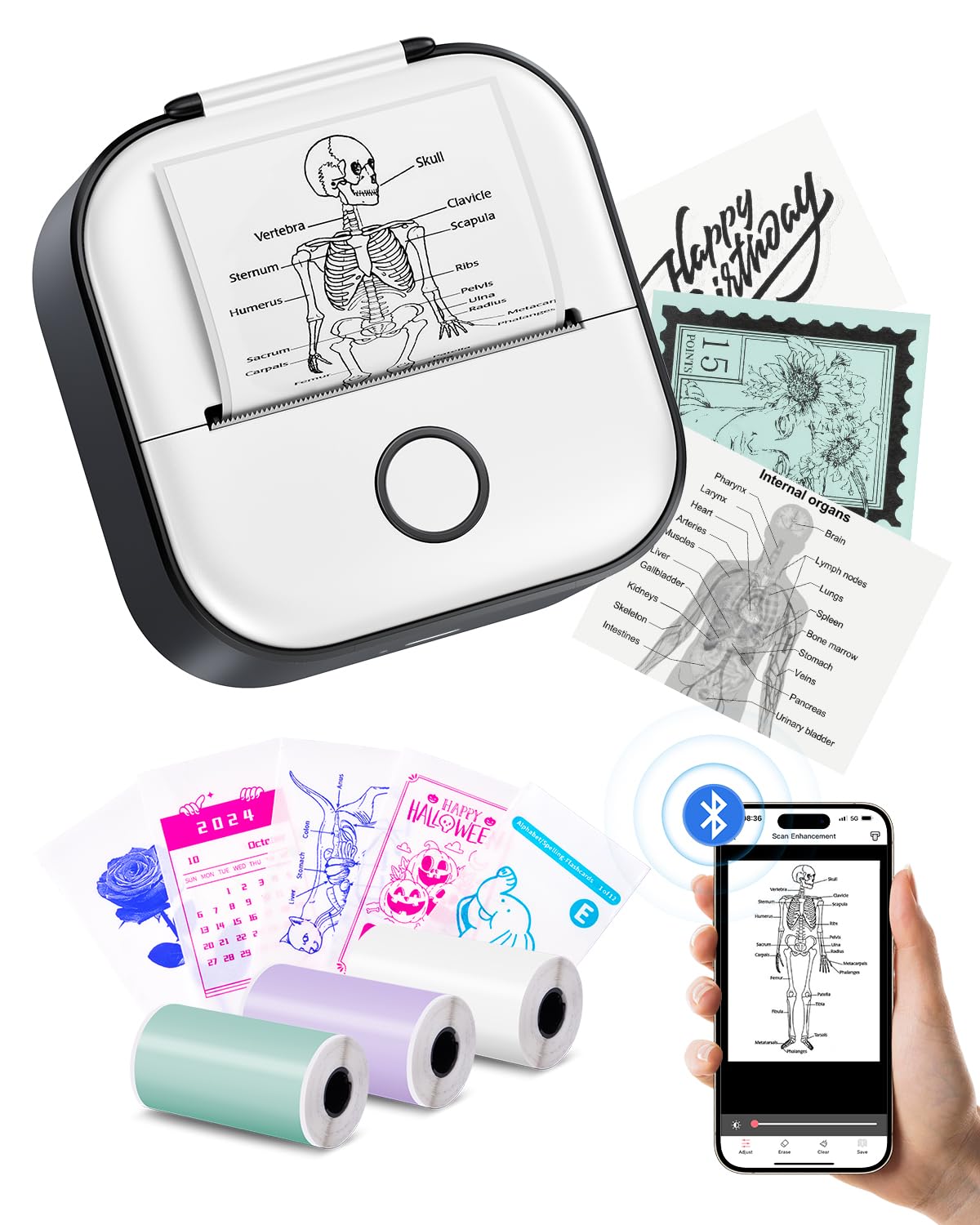 Mini Drucker für Smartphone - Aufkleber Drucker T02 Tragbarer Minidrucker Tintenloser Print Pods Bluetooth Taschendrucker Telefondrucker für Studiengrafiken, Anatomische Diagramme, Fotos, Journal