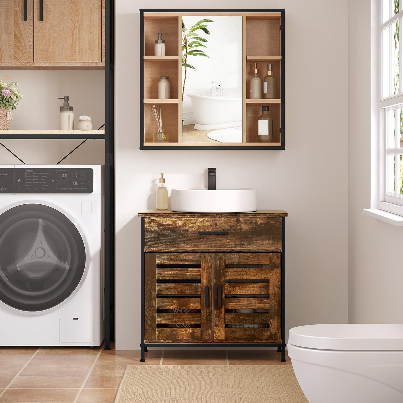 EUGAD Waschbeckenunterschrank, Badezimmer Unterschrank Waschbecken, Badezimmerschrank mit Schublade, 2 Türen, verstellbare Ablage, freistehend, 60x60x30 cm, Rustikles Braun