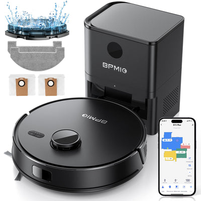 BPMIO Saugroboter mit Absaugstation 3-1, 5000Pa Staubsauger Roboter mit Wischfunktion, 55 dB Roboterstaubsauger mit WiFi/App/Alexa, 150 Min Laufzeit, APP Steuerung, 30 No-Go Zonen (B15 Plus)